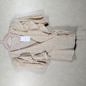 2/$15 5183 Inmod yellow floral print wrap front ruffle blouse L NWT